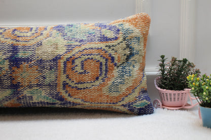 Handmade Kilim Lumbar Pillow Cover: Blue Orange Wool Rug Pillow (12x36 inc)