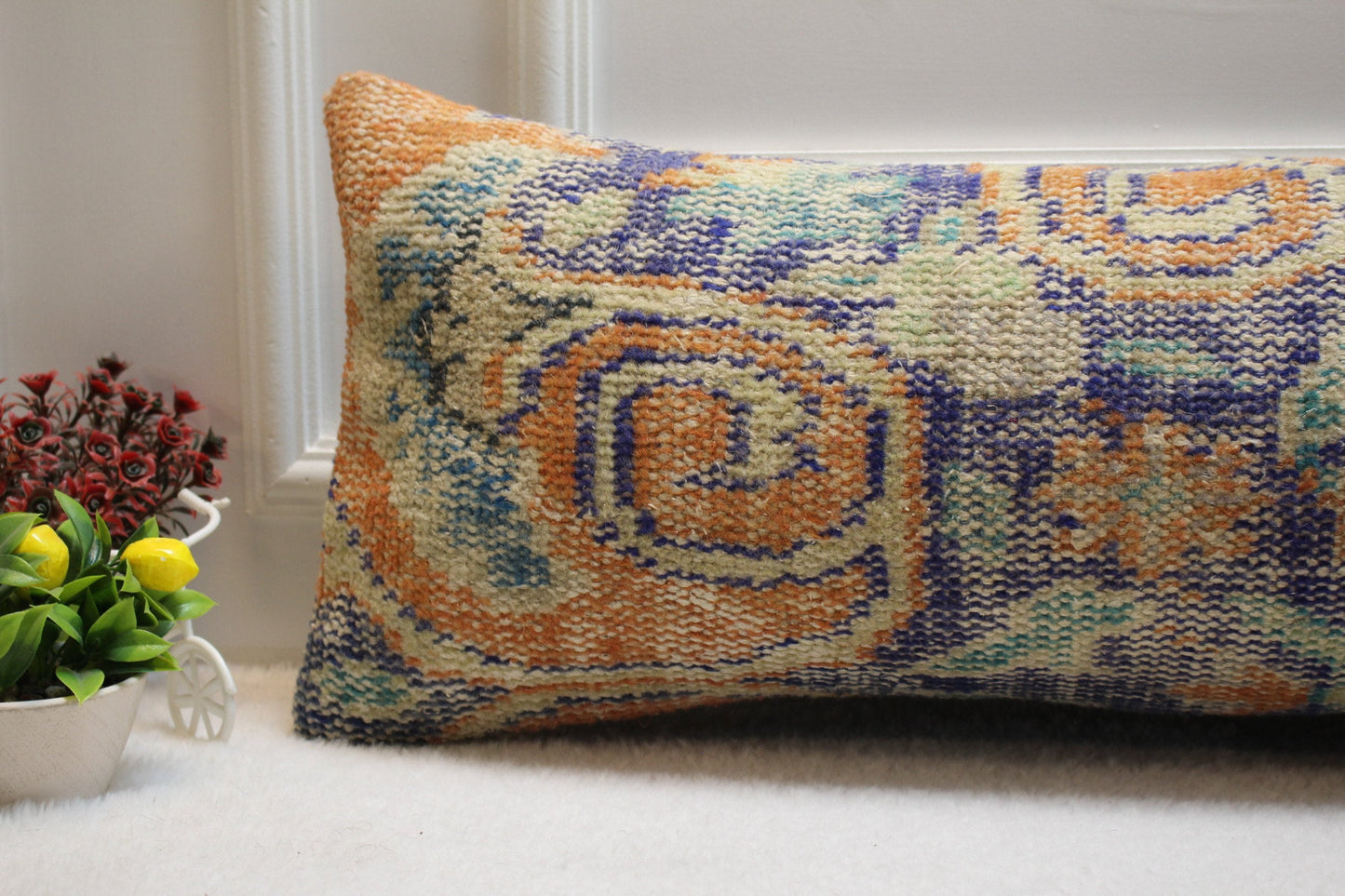 Handmade Kilim Lumbar Pillow Cover: Blue Orange Wool Rug Pillow (12x36 inc)