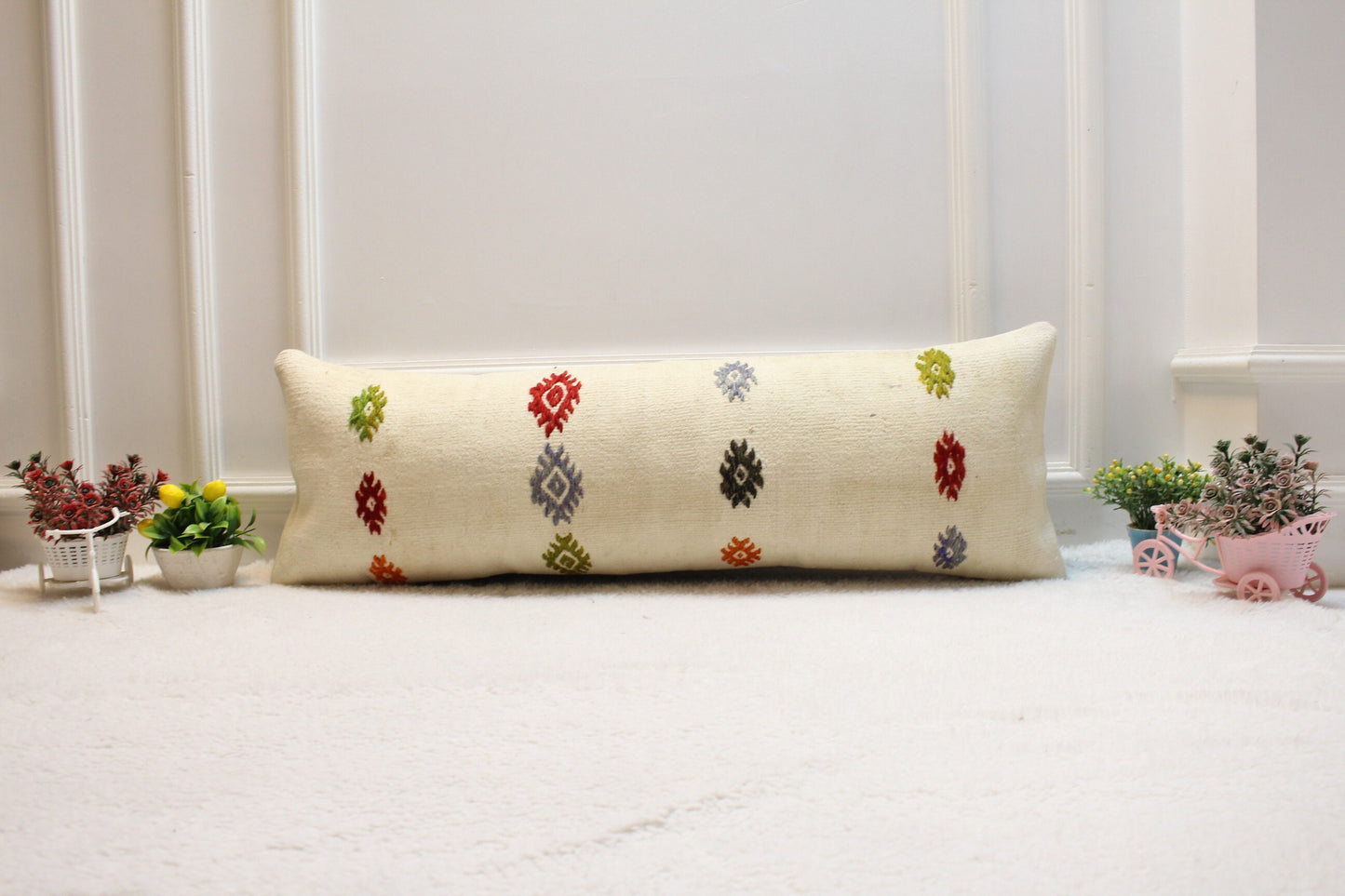 Handmade Kilim Lumbar Pillow Cover: Organic Wool, White Design (12x36 inc)