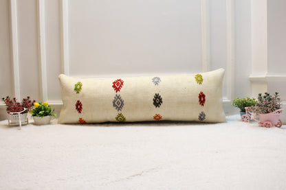 Handmade Kilim Lumbar Pillow Cover: Organic Wool, White Design (12x36 inc)