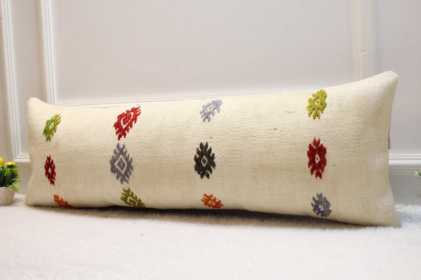Handmade Kilim Lumbar Pillow Cover: Organic Wool, White Design (12x36 inc)