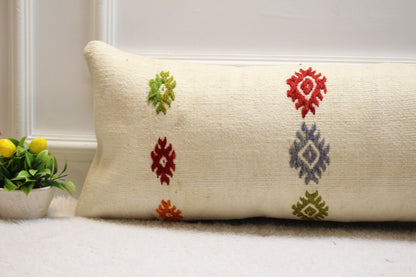 Handmade Kilim Lumbar Pillow Cover: Organic Wool, White Design (12x36 inc)