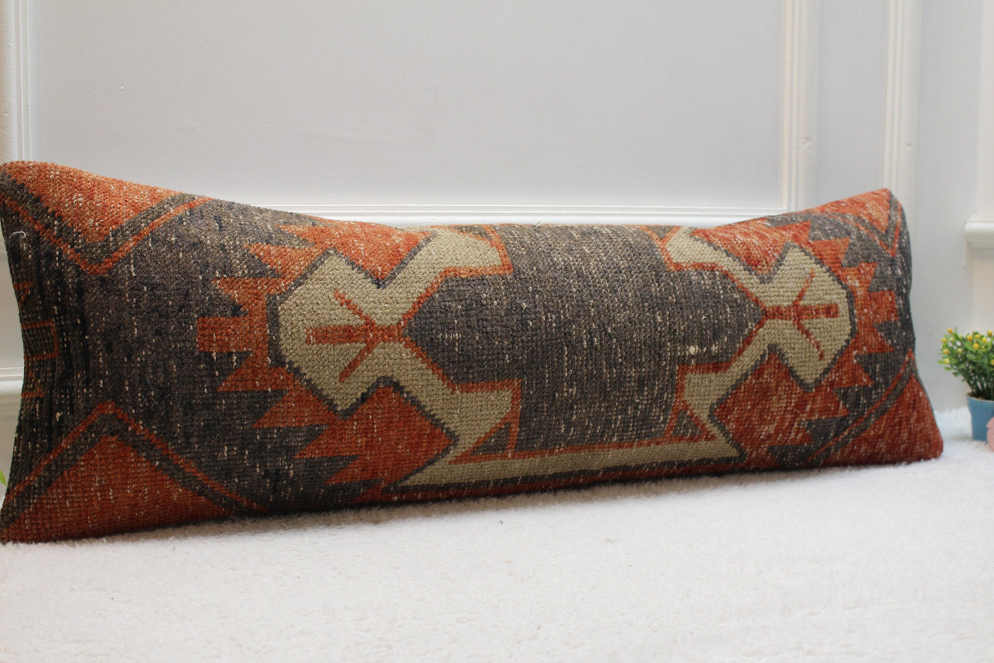Vintage Turkish Lumbar Pillow Cover: Red Black Wool Kilim, 12x36