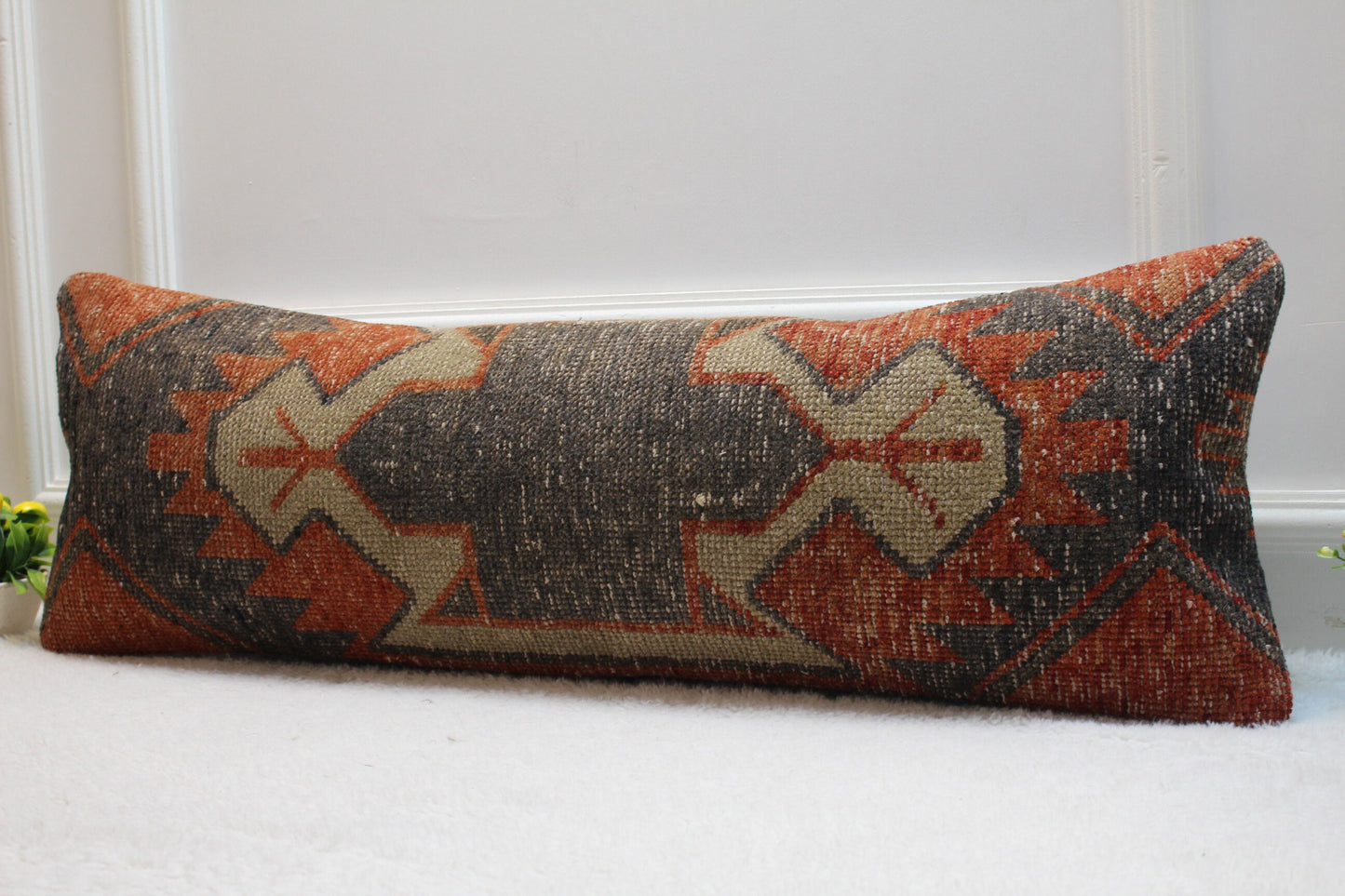 Vintage Turkish Lumbar Pillow Cover: Red Black Wool Kilim, 12x36