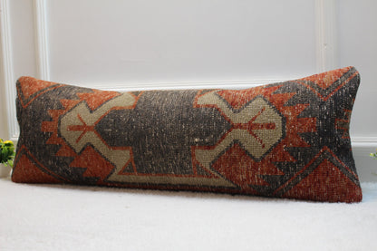Vintage Turkish Lumbar Pillow Cover: Red Black Wool Kilim, 12x36