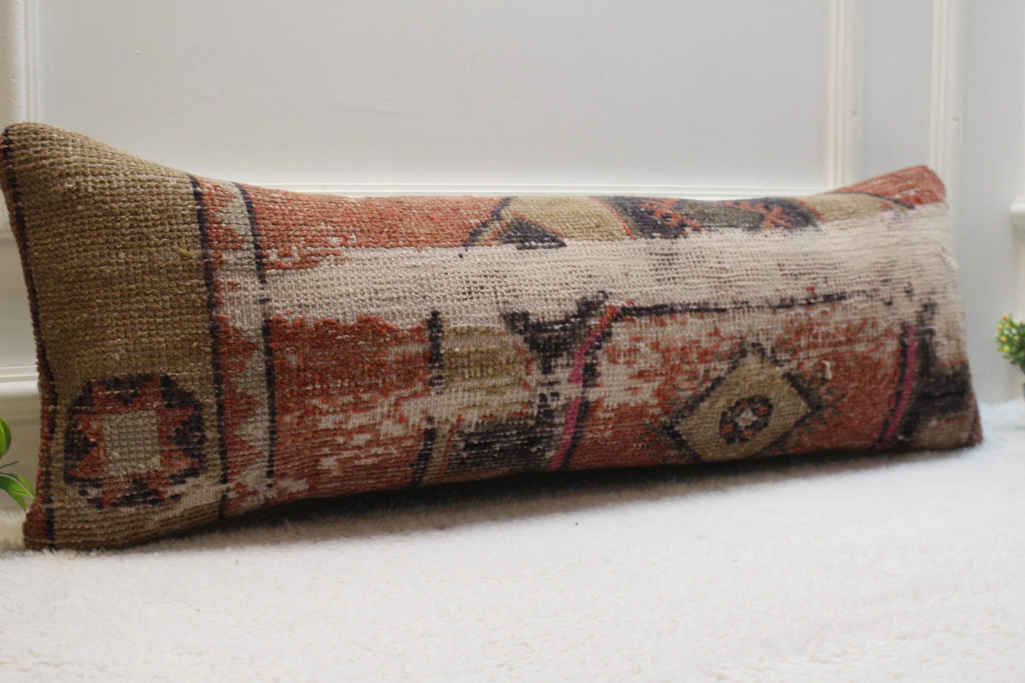Handmade Wool Lumbar Pillow Cover: Vintage Turkish Rug, 12x36 inc