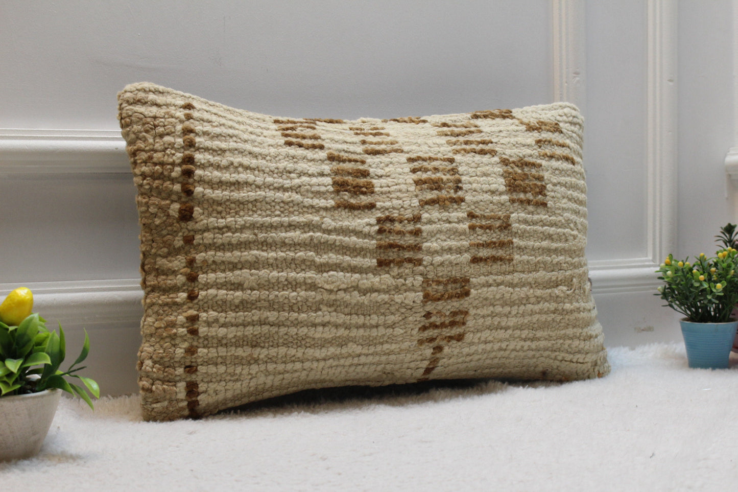 Geometric Turkish Rug Lumbar Pillow Cover: Vintage Woven Wool, 12x20 inch
