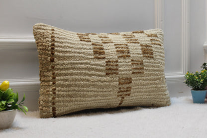 Geometric Turkish Rug Lumbar Pillow Cover: Vintage Woven Wool, 12x20 inch