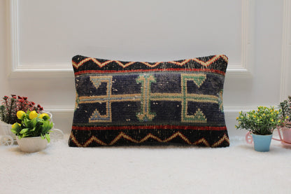 Geometric Turkish Rug Lumbar Pillow Cover: Black Vintage Woven Pillow (12x20 in)