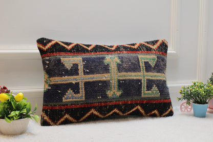 Geometric Turkish Rug Lumbar Pillow Cover: Black Vintage Woven Pillow (12x20 in)