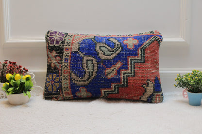 Handmade Turkish Rug Lumbar Pillow Cover: Vintage Woven Wool (12x20 in)