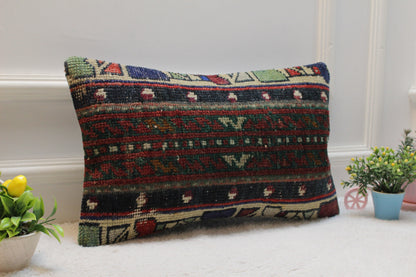 Handmade Turkish Rug Lumbar Pillow Cover: Patchwork Wool Kilim, 12x20 inc