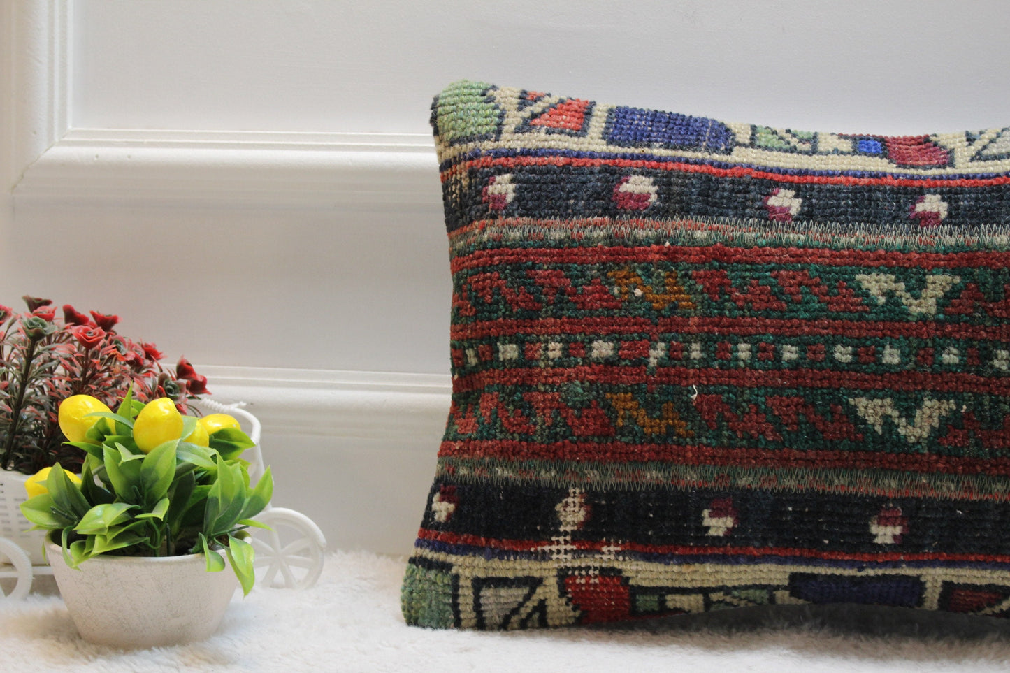 Handmade Turkish Rug Lumbar Pillow Cover: Patchwork Wool Kilim, 12x20 inc