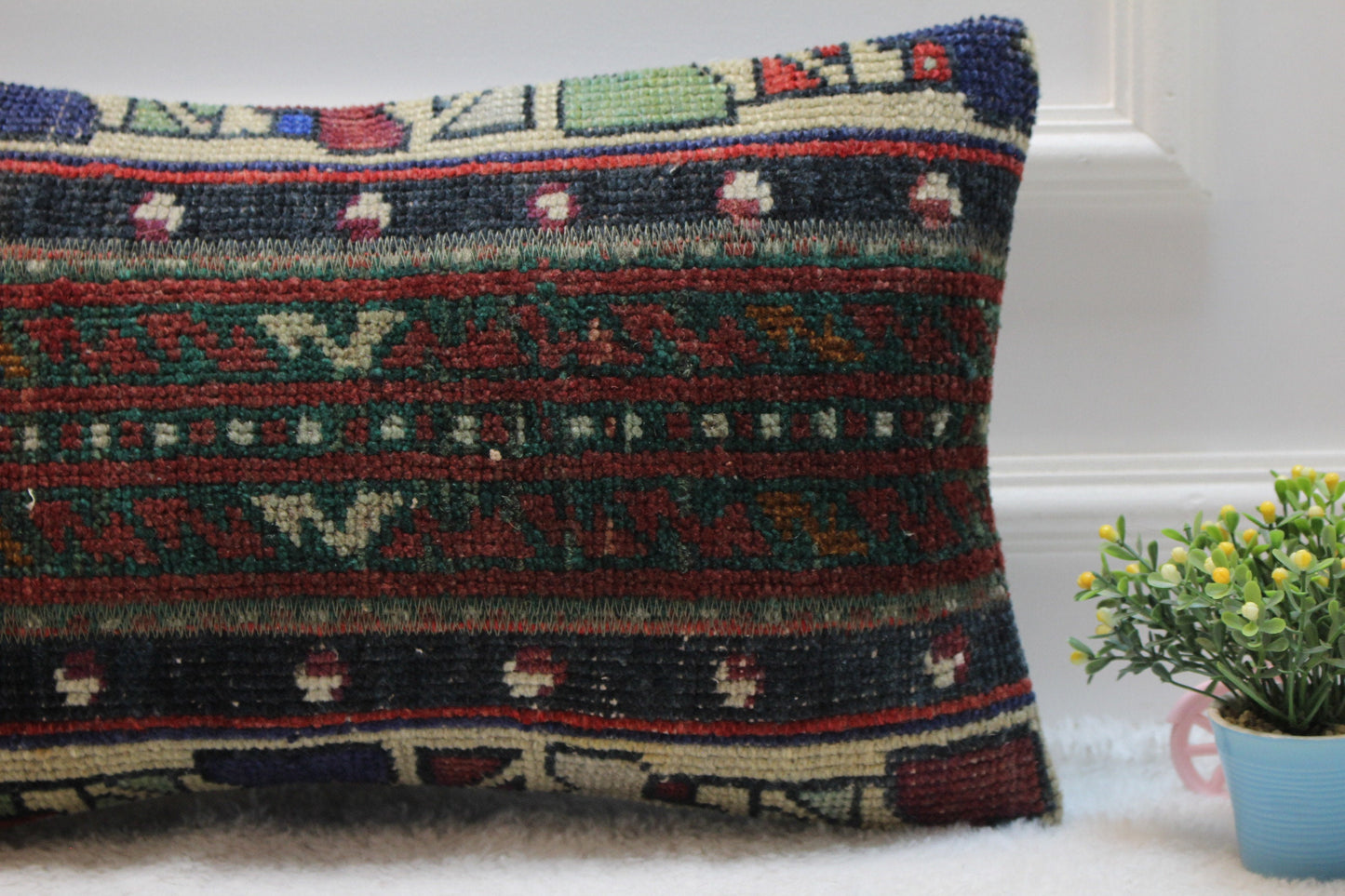Handmade Turkish Rug Lumbar Pillow Cover: Patchwork Wool Kilim, 12x20 inc