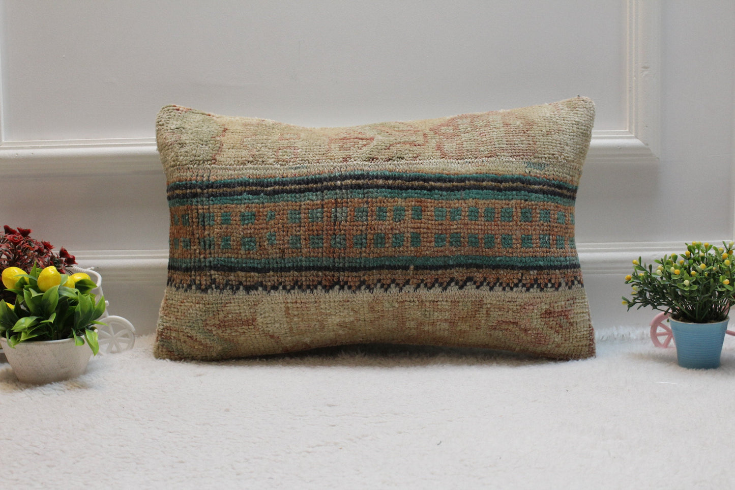 12x20 Lumbar Pillow Cover: Organic Wool Turkish Rug, Vintage Design