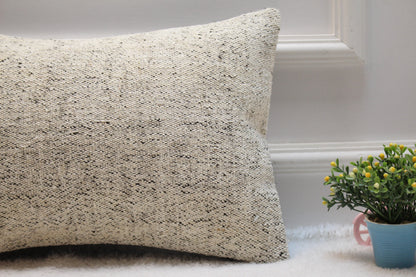 Handmade Kilim Lumbar Pillow Cover: Organic Wool, Beige & White (12x20 in)