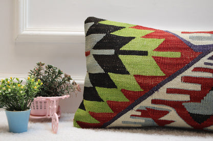 Geometric Kilim Pillow Cover: Handmade Turkish Wool Lumbar Pillow (12x20 in)