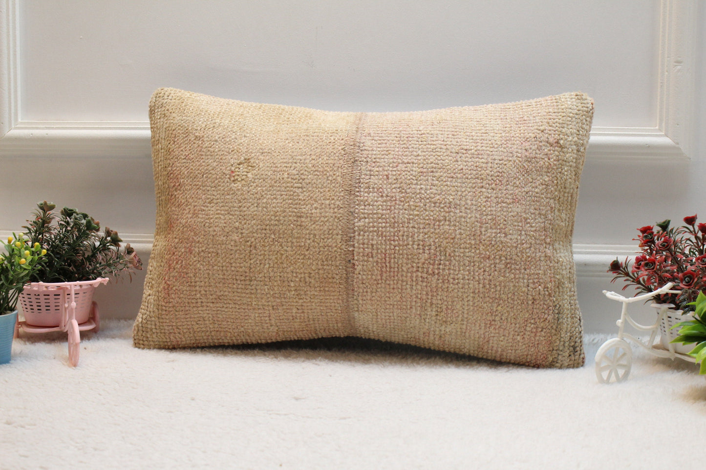 Handmade Turkish Rug Pillow Cover: Vintage Beige Wool, 12x20 inch
