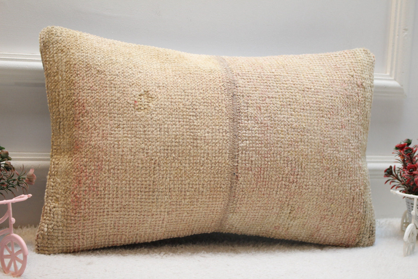 Handmade Turkish Rug Pillow Cover: Vintage Beige Wool, 12x20 inch