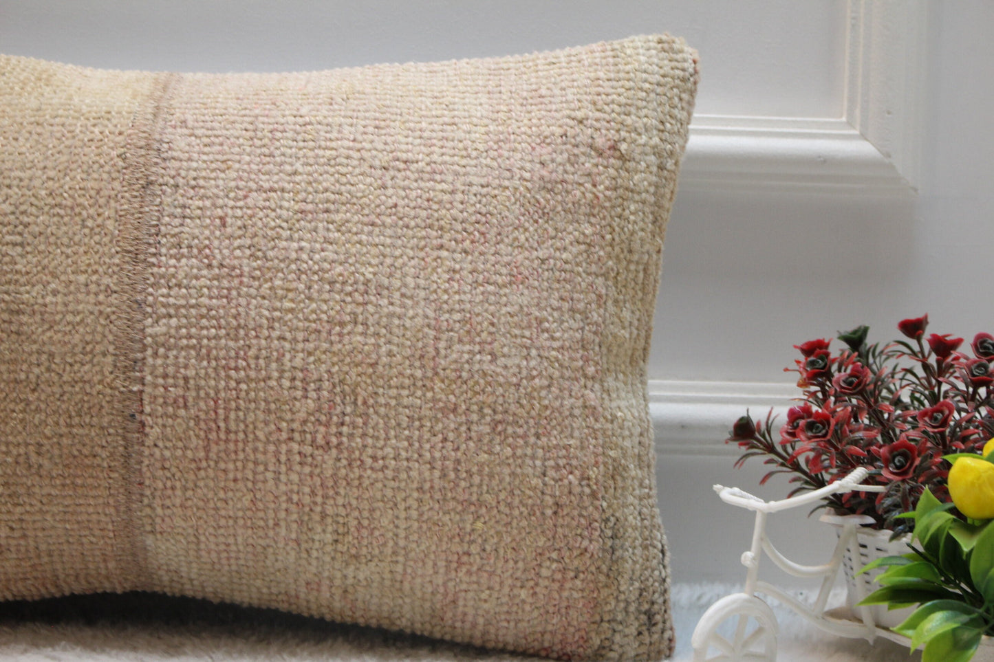 Handmade Turkish Rug Pillow Cover: Vintage Beige Wool, 12x20 inch