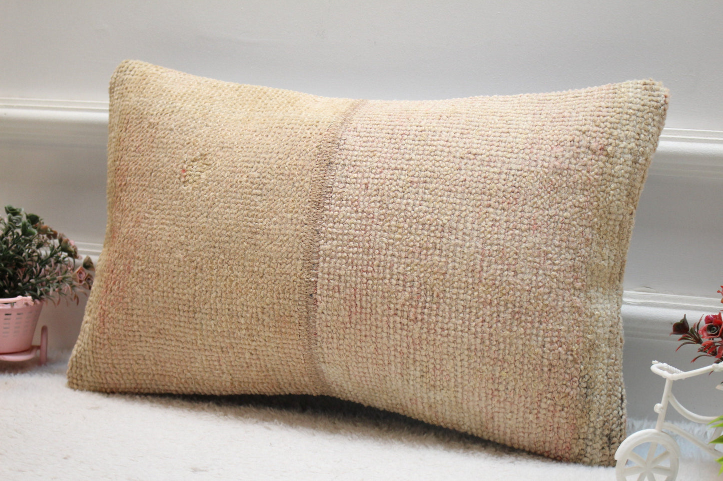 Handmade Turkish Rug Pillow Cover: Vintage Beige Wool, 12x20 inch