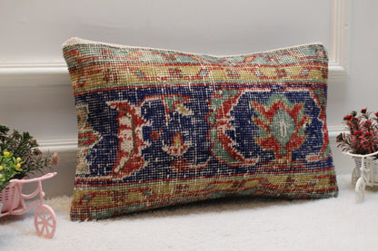 Blue Vintage Turkish Rug Lumbar Pillow Cover: Handmade Wool, 12x20 inch