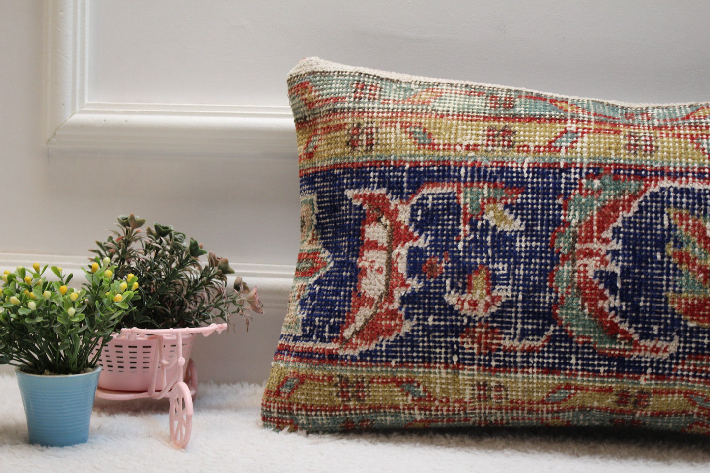 Blue Vintage Turkish Rug Lumbar Pillow Cover: Handmade Wool, 12x20 inch