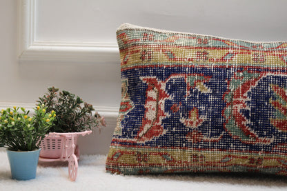 Blue Vintage Turkish Rug Lumbar Pillow Cover: Handmade Wool, 12x20 inch
