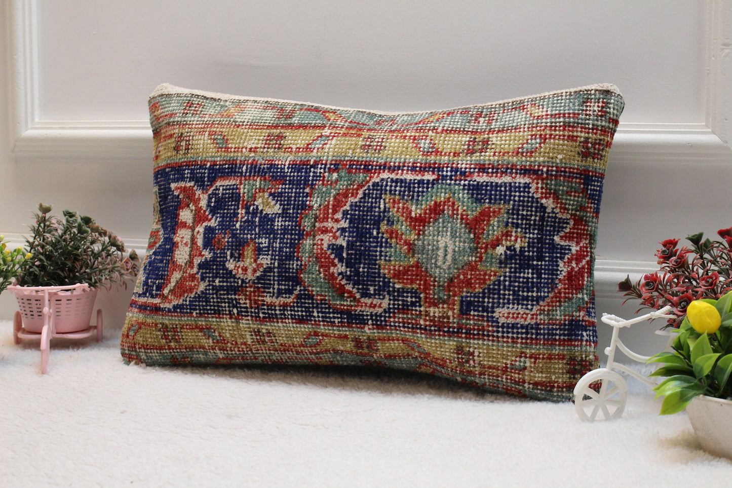 Blue Vintage Turkish Rug Lumbar Pillow Cover: Handmade Wool, 12x20 inch