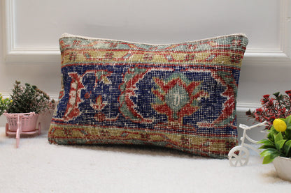 Blue Vintage Turkish Rug Lumbar Pillow Cover: Handmade Wool, 12x20 inch