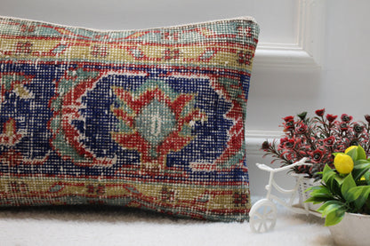Blue Vintage Turkish Rug Lumbar Pillow Cover: Handmade Wool, 12x20 inch