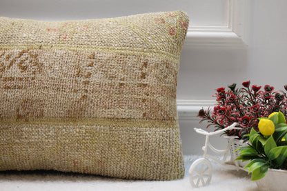 Handmade Turkish Rug Lumbar Pillow Cover: Organic Wool Patchwork (12x20 in)