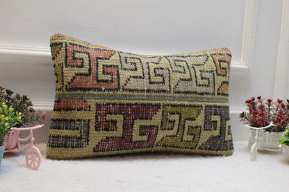 Handmade Wool Lumbar Pillow Cover: Turkish Kilim Rug, 12x20 inch