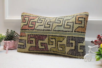 Handmade Wool Lumbar Pillow Cover: Turkish Kilim Rug, 12x20 inch