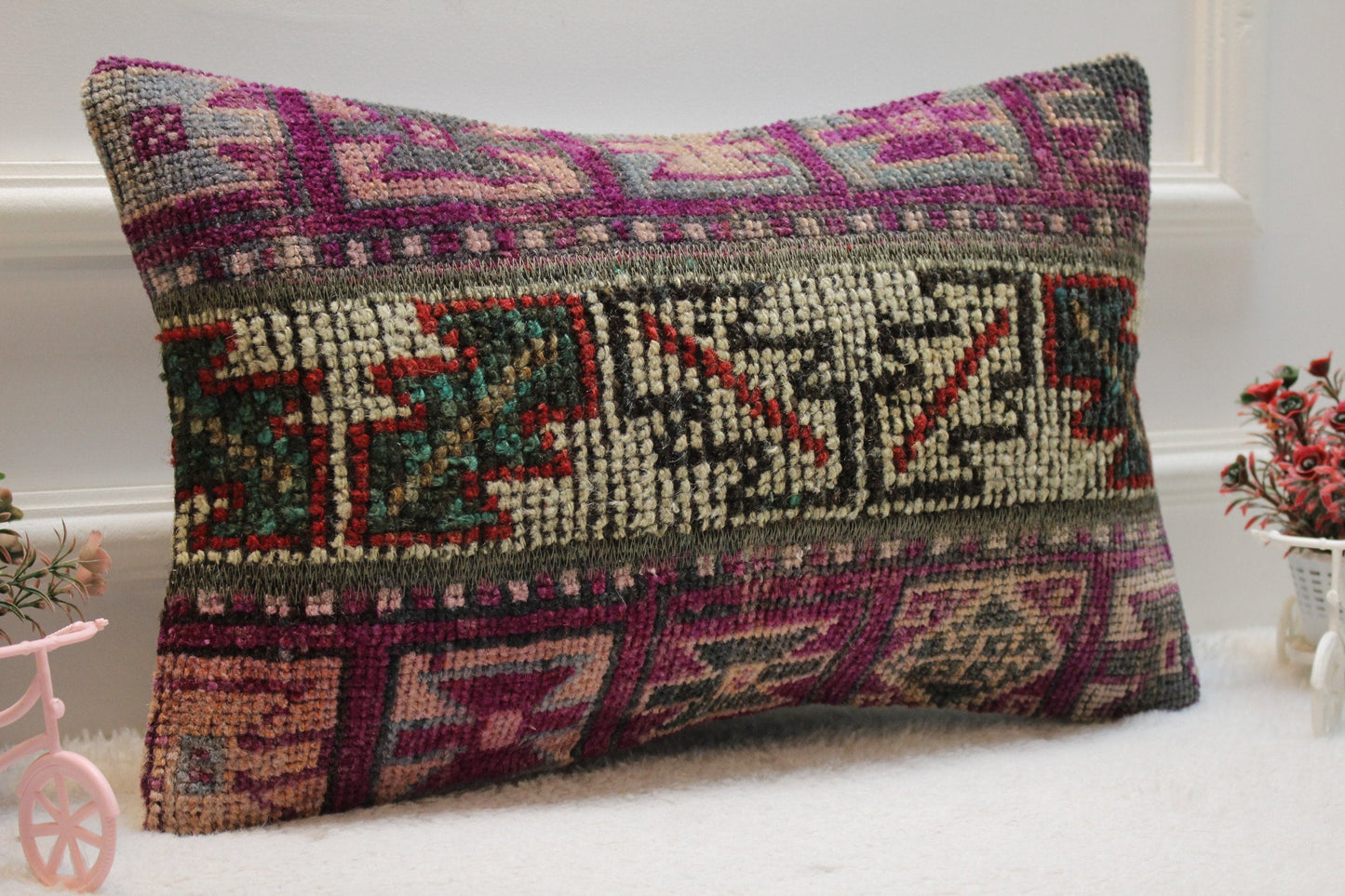 Purple Turkish Rug Lumbar Pillow Cover: Vintage Kilim, 12x20 inc
