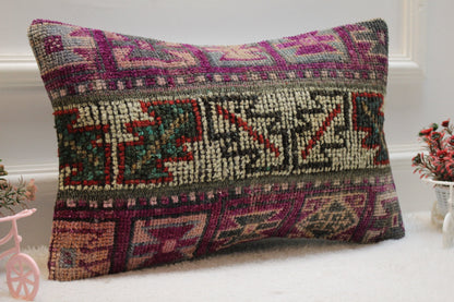 Purple Turkish Rug Lumbar Pillow Cover: Vintage Kilim, 12x20 inc