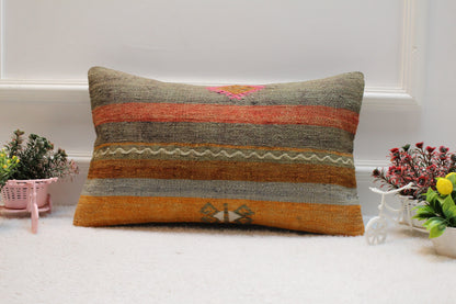 Striped Kilim Lumbar Pillow Cover: Handmade Upcycled Wool, 12x20 inch