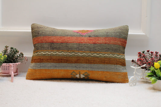 Striped Kilim Lumbar Pillow Cover: Handmade Upcycled Wool, 12x20 inch
