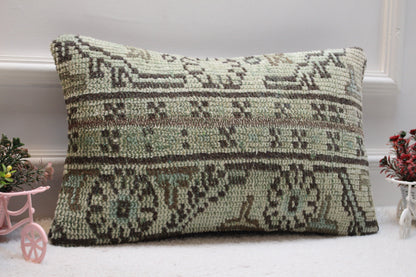 Green Turkish Rug Lumbar Pillow Cover: Vintage Woven Wool (12x20 inc)