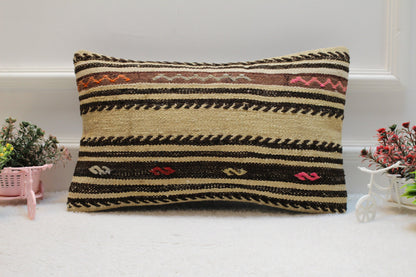 Striped Kilim Lumbar Pillow Cover: Vintage Boho Rug, 12x20 inch