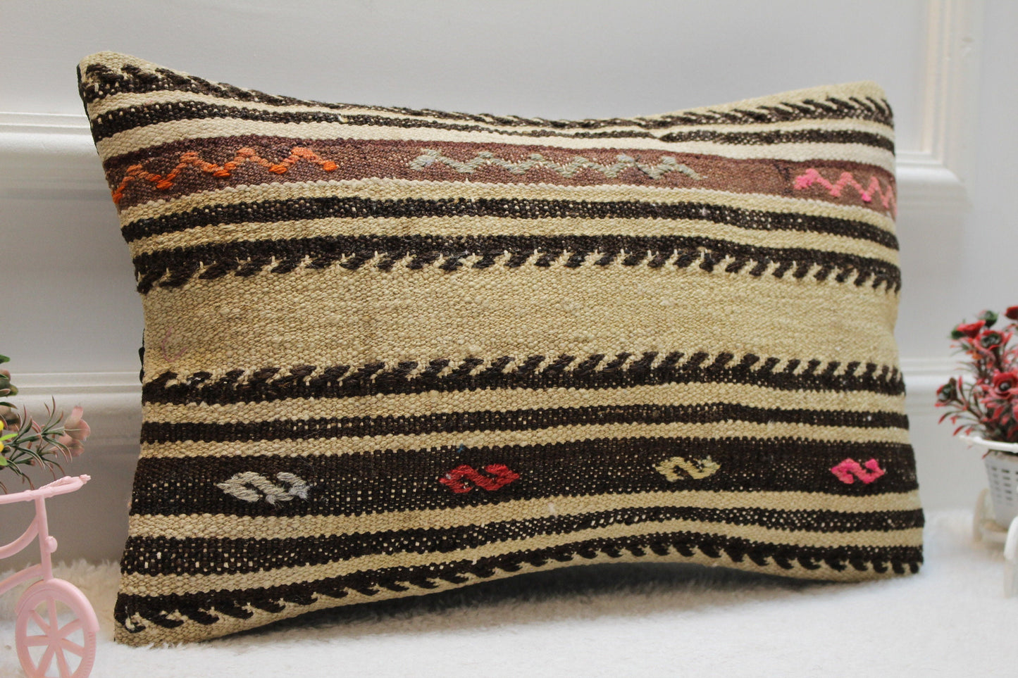 Striped Kilim Lumbar Pillow Cover: Vintage Boho Rug, 12x20 inch