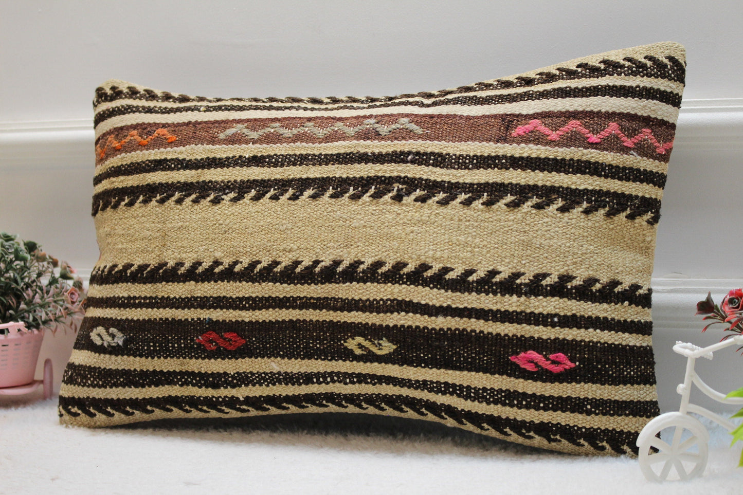 Striped Kilim Lumbar Pillow Cover: Vintage Boho Rug, 12x20 inch
