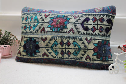 Handmade Turkish Rug Lumbar Pillow Cover: Vintage Patchwork Design (12x20 in)