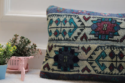 Handmade Turkish Rug Lumbar Pillow Cover: Vintage Patchwork Design (12x20 in)