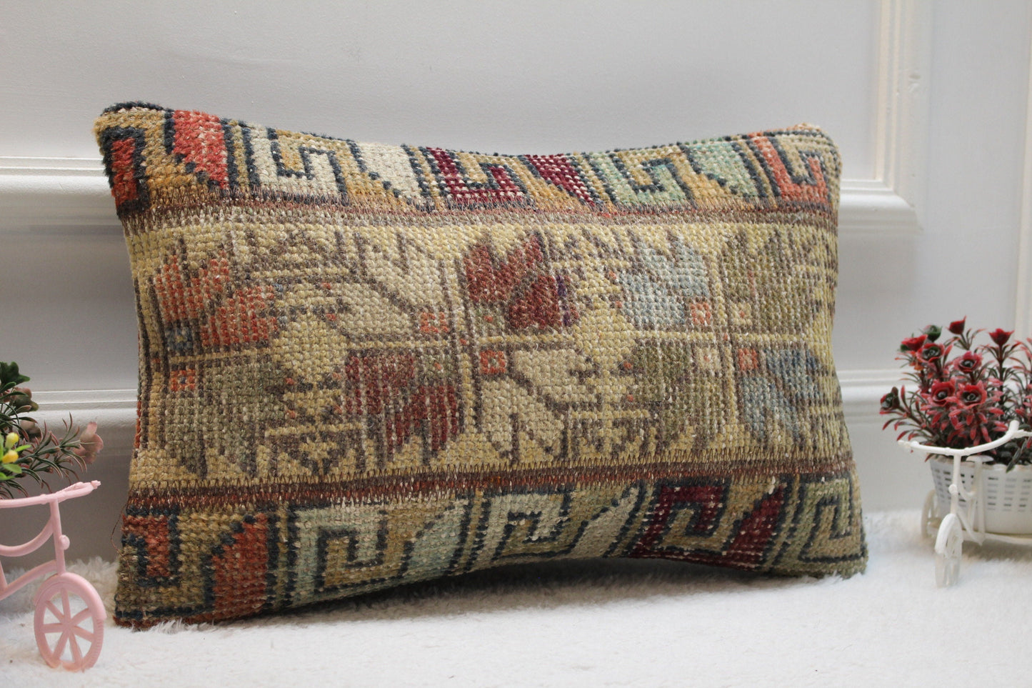Handmade Kilim Lumbar Pillow Cover: Geometric Rug Design (12x20 in)