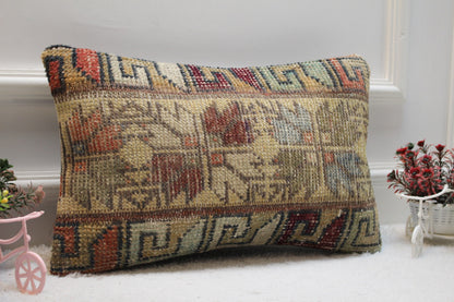 Handmade Kilim Lumbar Pillow Cover: Geometric Rug Design (12x20 in)