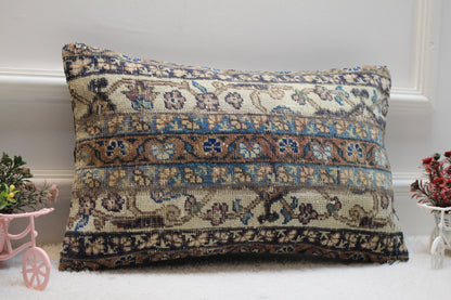 Floral Turkish Rug Lumbar Pillow Cover: Handmade Wool, 12x20 inc