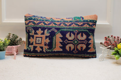 Blue Vintage Lumbar Pillow Cover: Organic Wool Turkish Rug, 12x20 inc