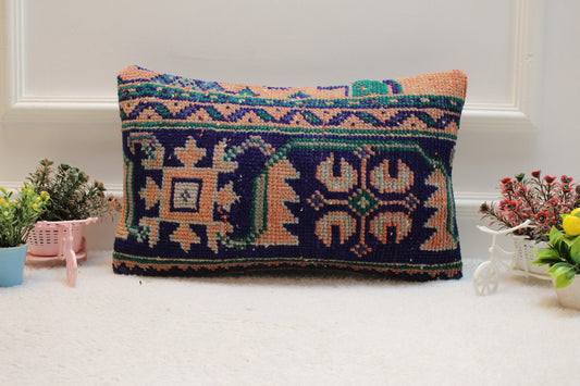 Blue Vintage Lumbar Pillow Cover: Organic Wool Turkish Rug, 12x20 inc
