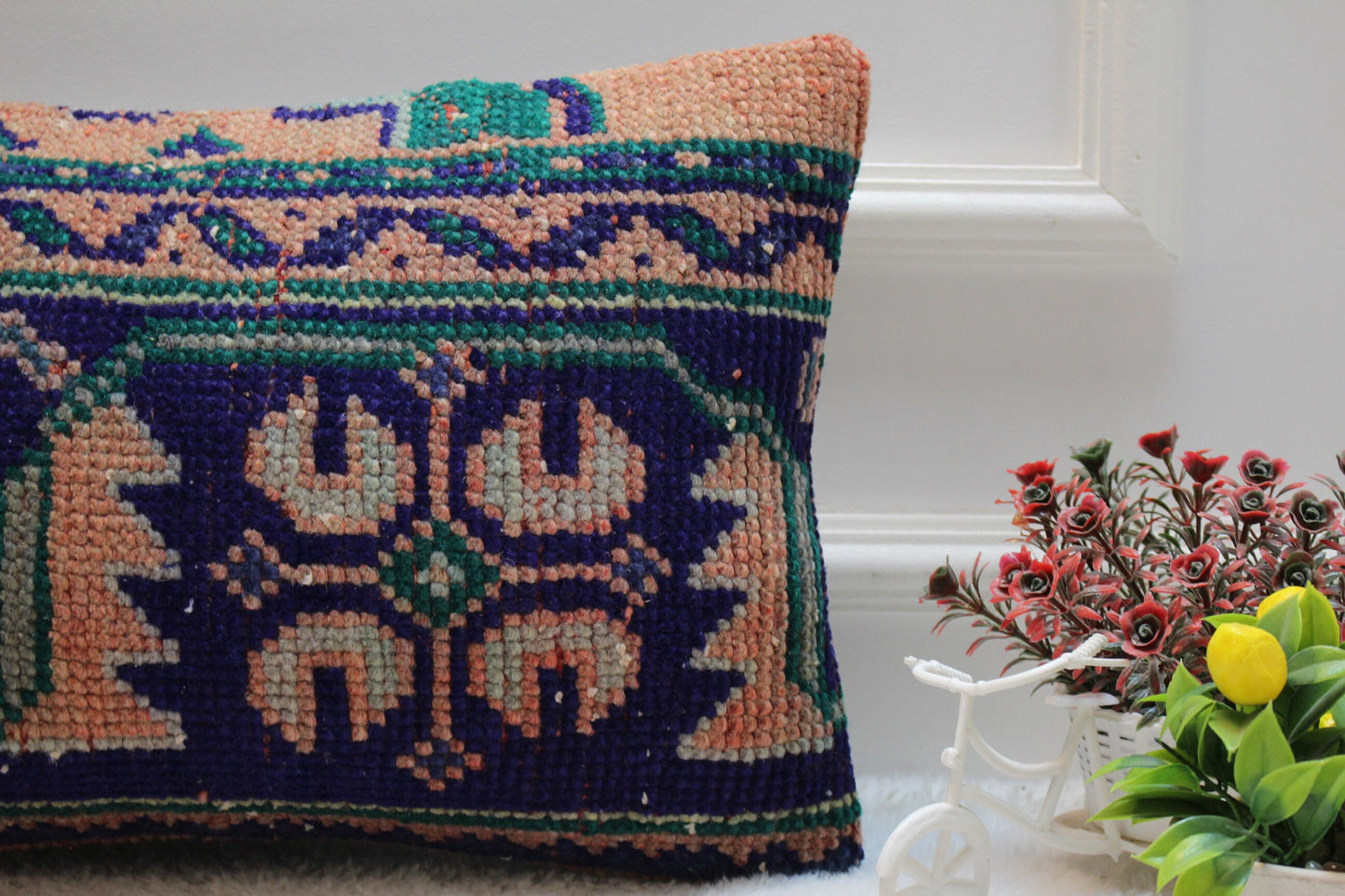 Blue Vintage Lumbar Pillow Cover: Organic Wool Turkish Rug, 12x20 inc